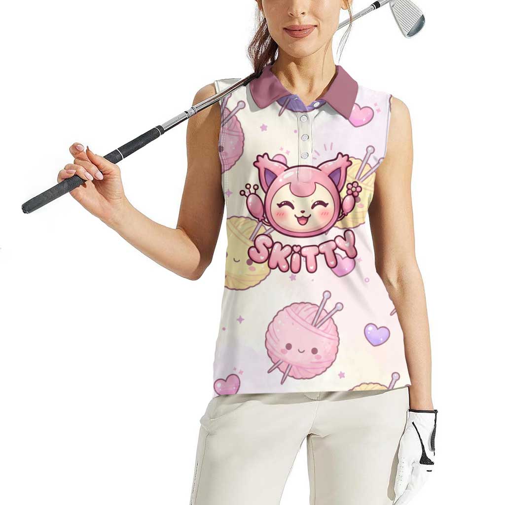 Skitty Pokémon Women Sleeveless Polo Shirt Pastel Kawaii Yarn Art Style