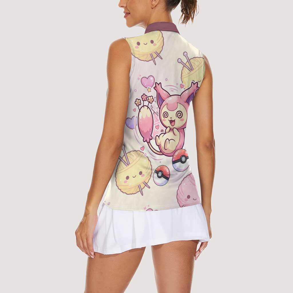Skitty Pokémon Women Sleeveless Polo Shirt Pastel Kawaii Yarn Art Style