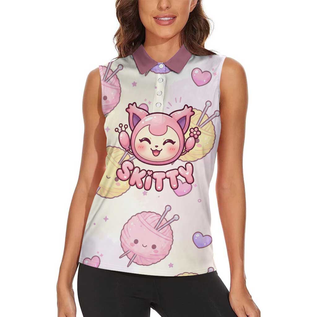 Skitty Pokémon Women Sleeveless Polo Shirt Pastel Kawaii Yarn Art Style