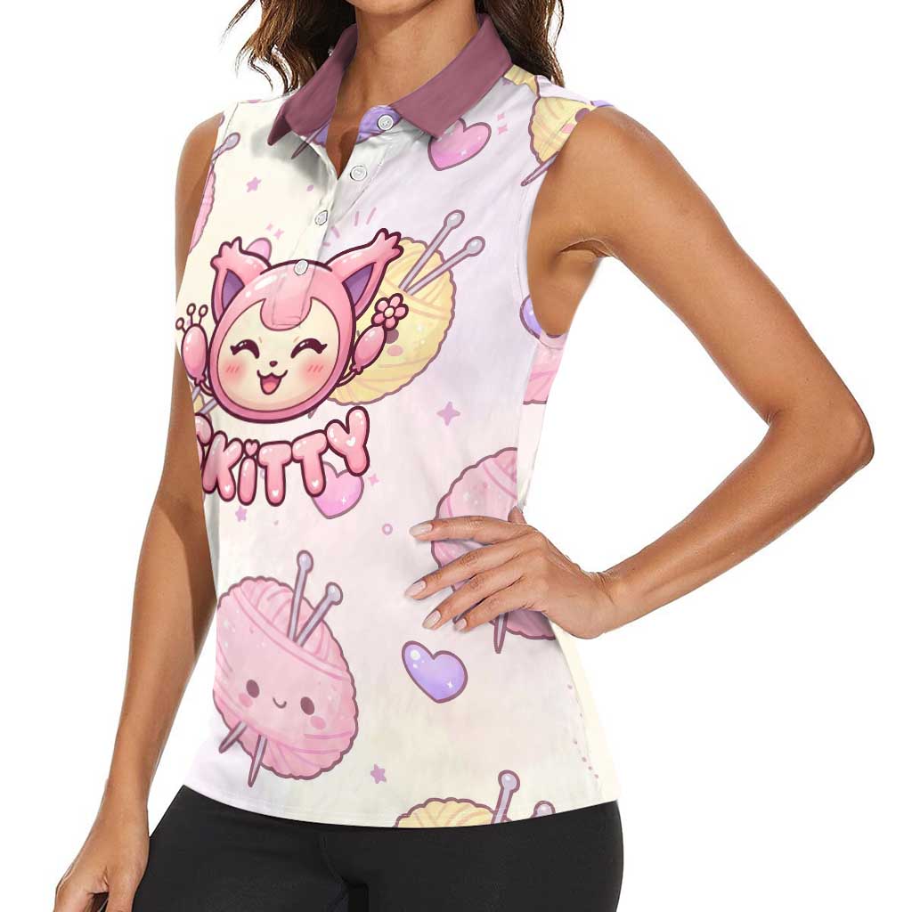 Skitty Pokémon Women Sleeveless Polo Shirt Pastel Kawaii Yarn Art Style