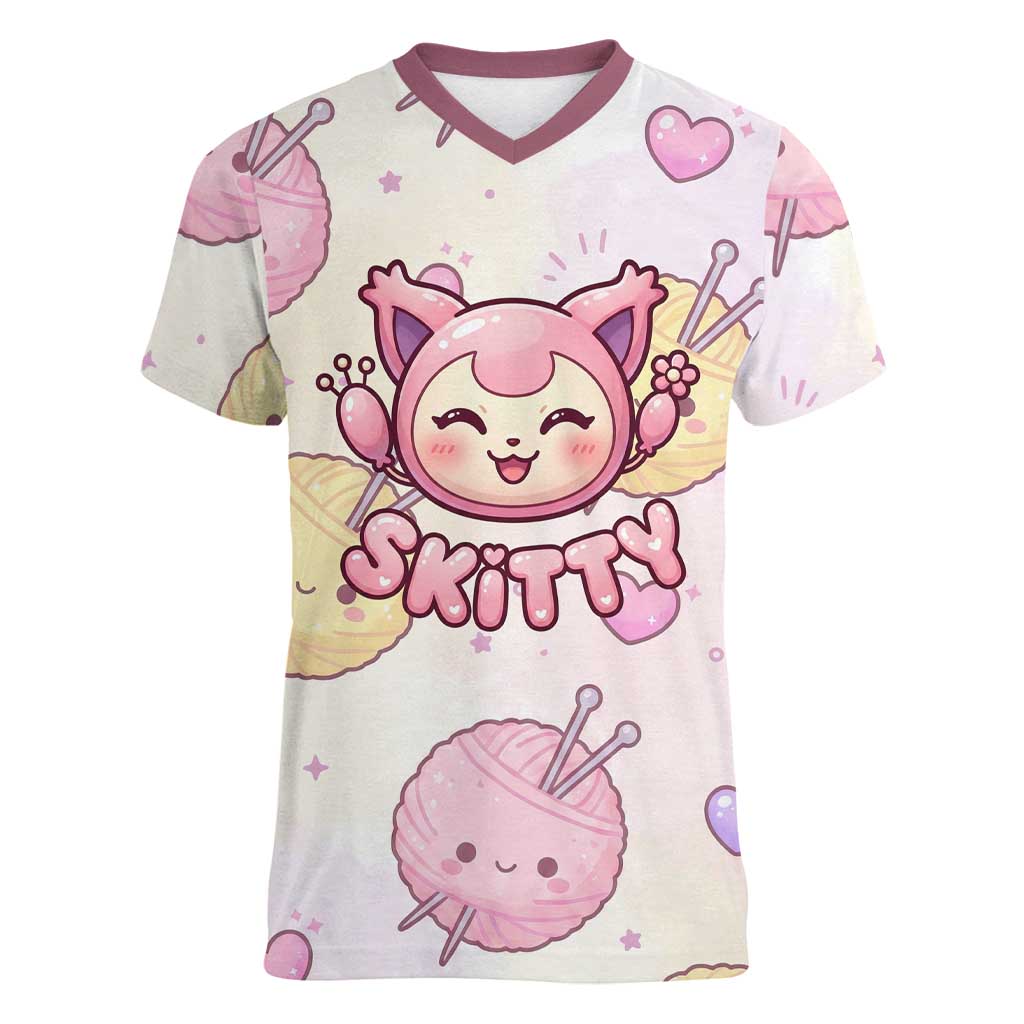 Skitty Pokémon Women V-Neck T-Shirt Pastel Kawaii Yarn Art Style