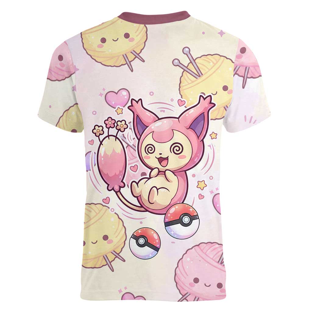 Skitty Pokémon Women V-Neck T-Shirt Pastel Kawaii Yarn Art Style