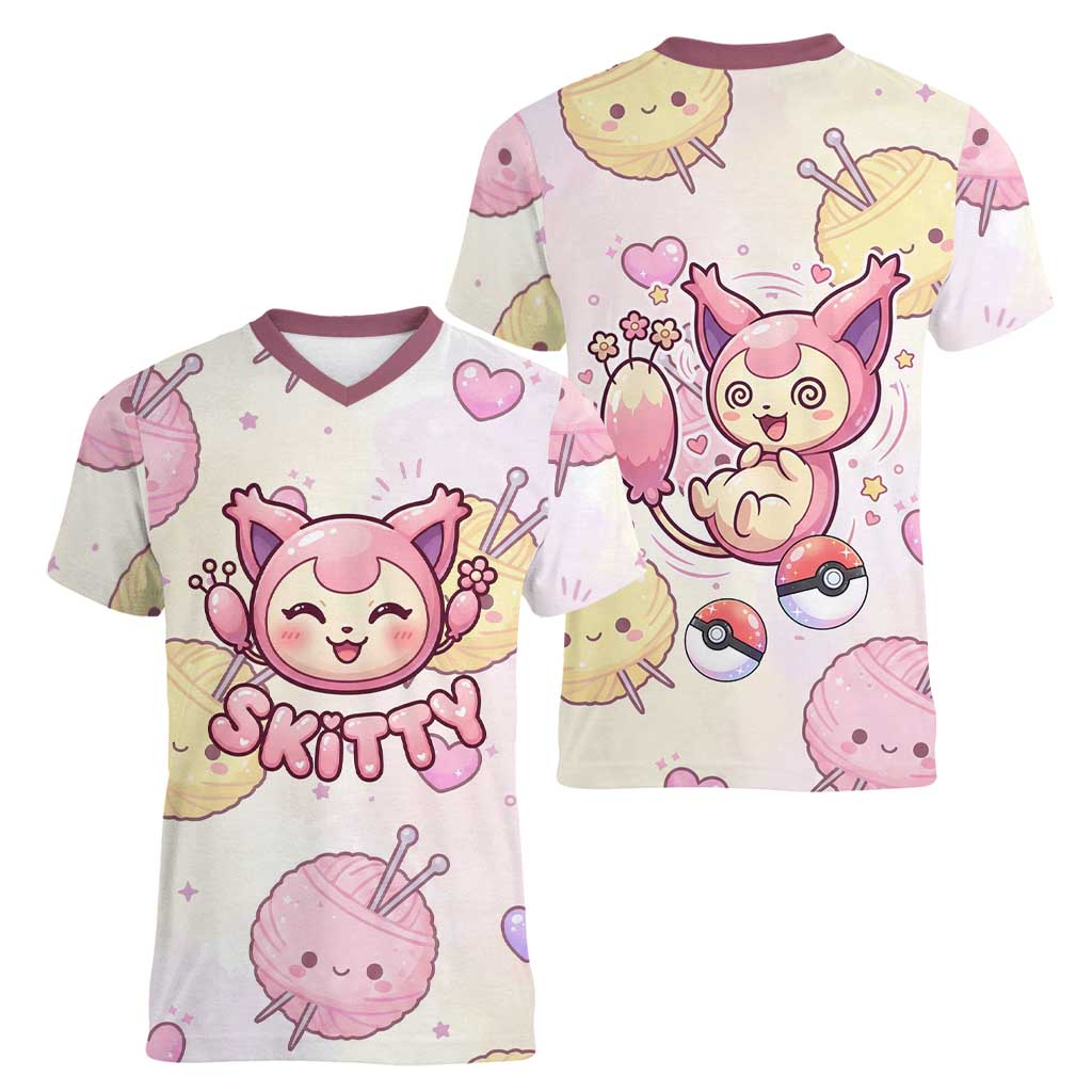 Skitty Pokémon Women V-Neck T-Shirt Pastel Kawaii Yarn Art Style