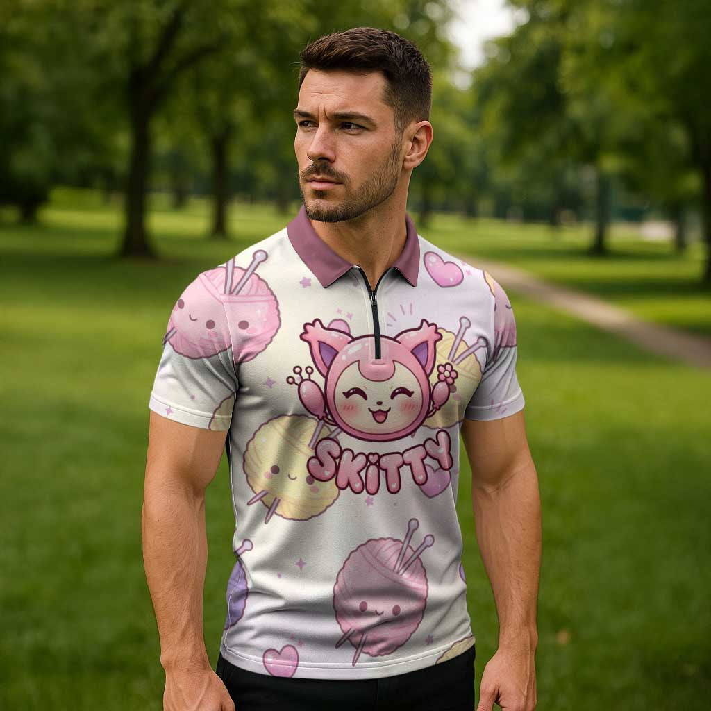 Skitty Pokémon Zipper Polo Shirt Pastel Kawaii Yarn Art Style