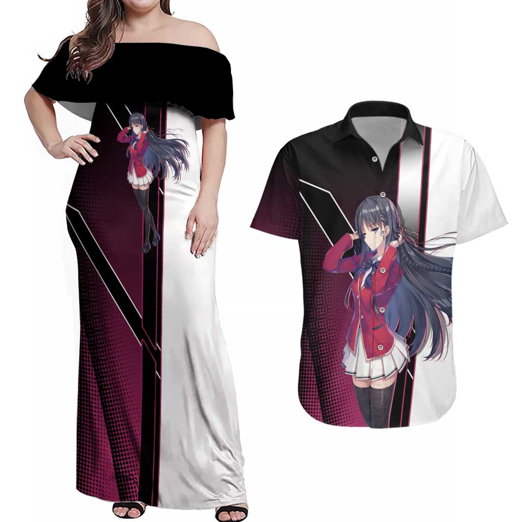 Suzune Horikita Couples Matching Off Shoulder Maxi Dress and Hawaiian Shirt Elegant School Anime Style