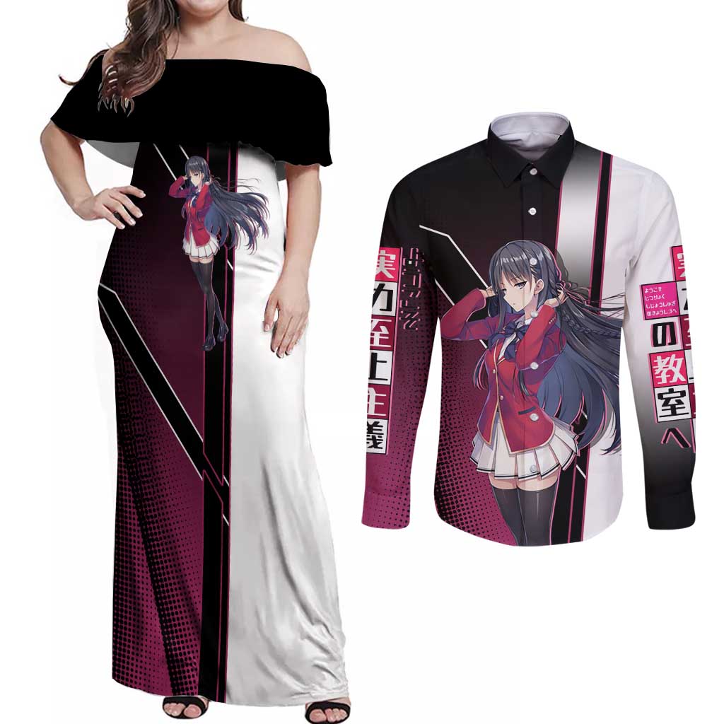 Suzune Horikita Couples Matching Off Shoulder Maxi Dress and Long Sleeve Button Shirt Elegant School Anime Style