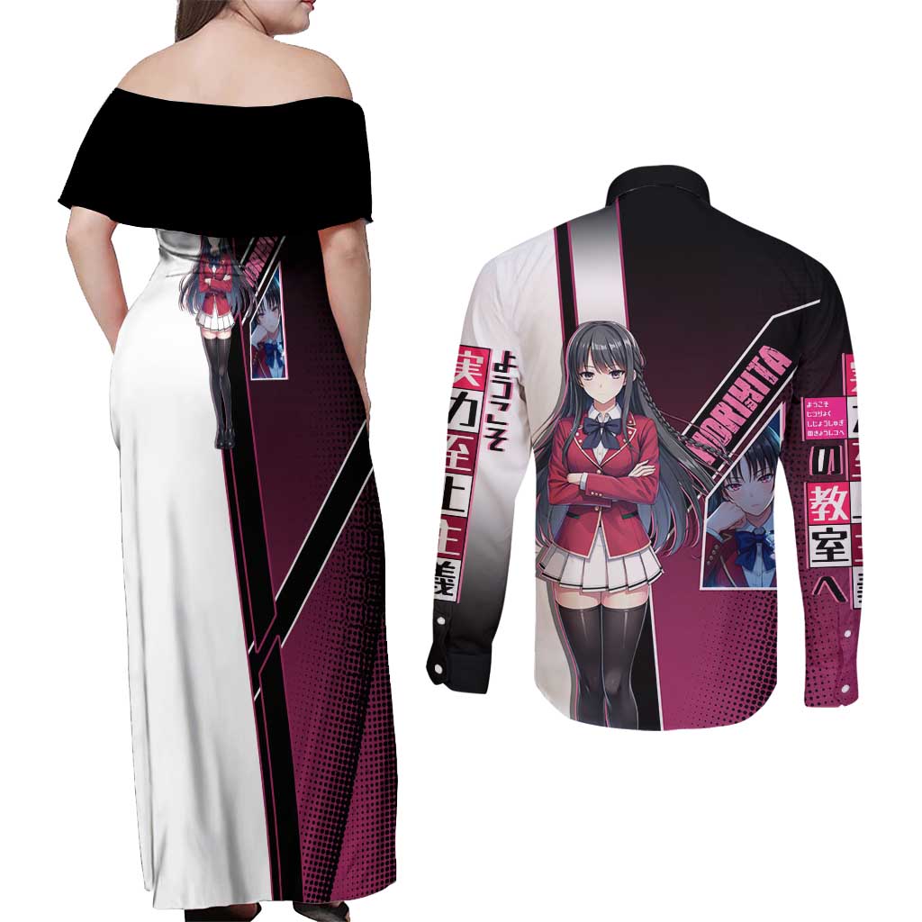 Suzune Horikita Couples Matching Off Shoulder Maxi Dress and Long Sleeve Button Shirt Elegant School Anime Style