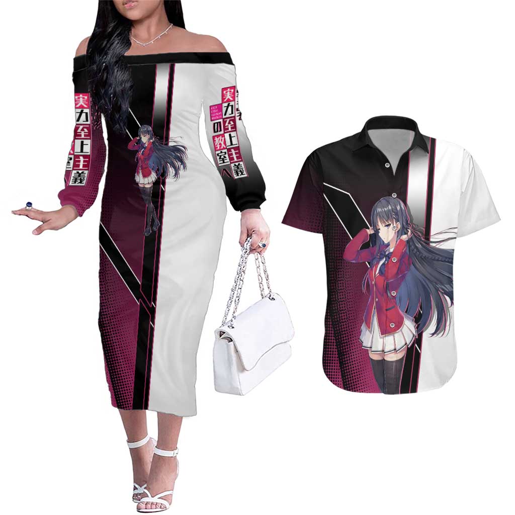 Suzune Horikita Couples Matching Off The Shoulder Long Sleeve Dress and Hawaiian Shirt Elegant School Anime Style