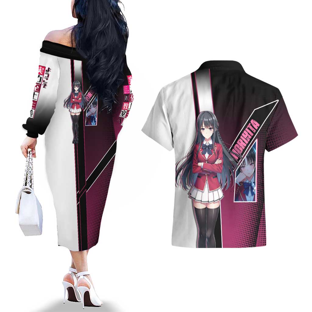 Suzune Horikita Couples Matching Off The Shoulder Long Sleeve Dress and Hawaiian Shirt Elegant School Anime Style