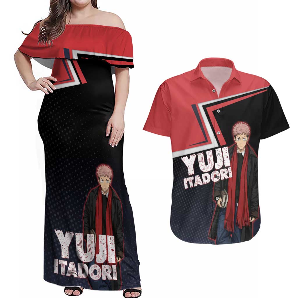 Yuji Itadori Couples Matching Off Shoulder Maxi Dress and Hawaiian Shirt Casual Anime Hero Style