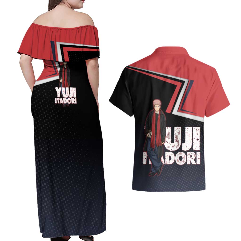 Yuji Itadori Couples Matching Off Shoulder Maxi Dress and Hawaiian Shirt Casual Anime Hero Style