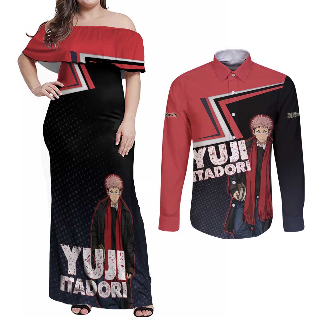 Yuji Itadori Couples Matching Off Shoulder Maxi Dress and Long Sleeve Button Shirt Casual Anime Hero Style