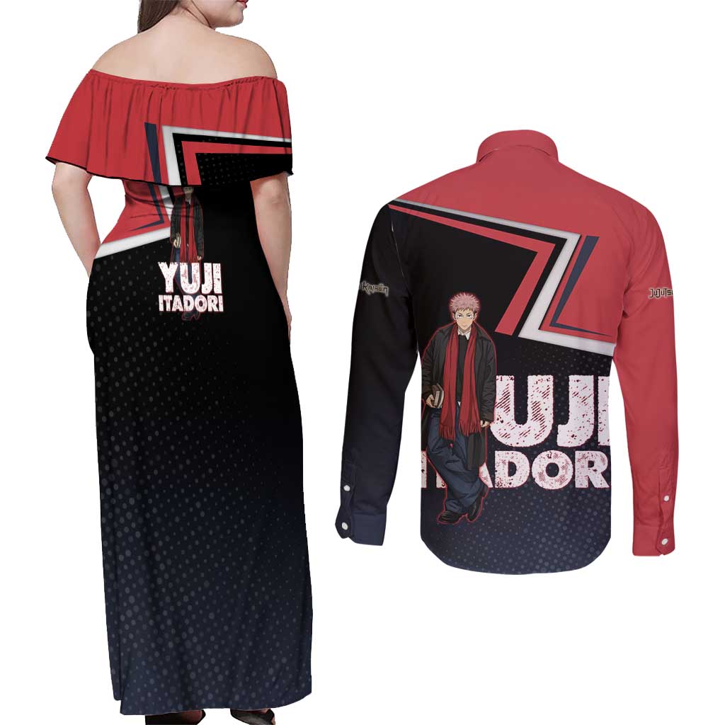 Yuji Itadori Couples Matching Off Shoulder Maxi Dress and Long Sleeve Button Shirt Casual Anime Hero Style