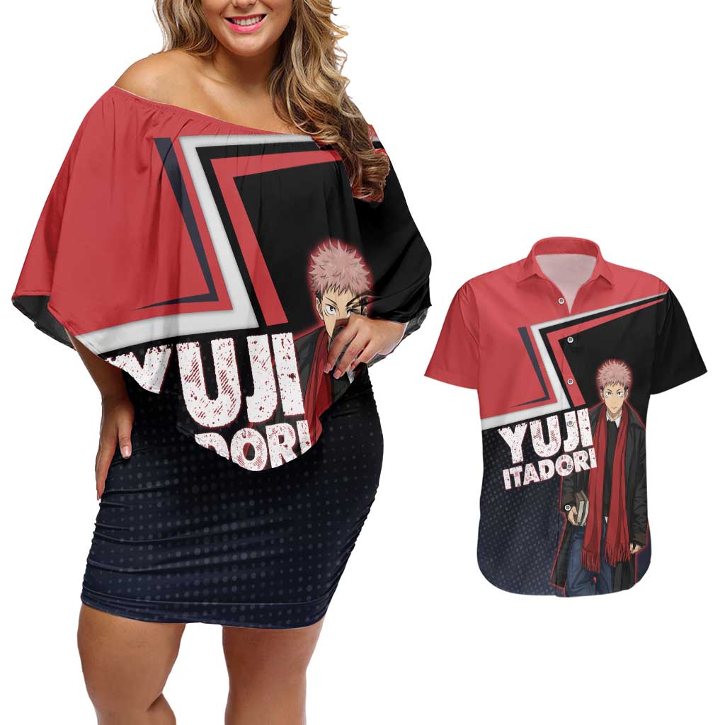Yuji Itadori Couples Matching Off Shoulder Short Dress and Hawaiian Shirt Casual Anime Hero Style