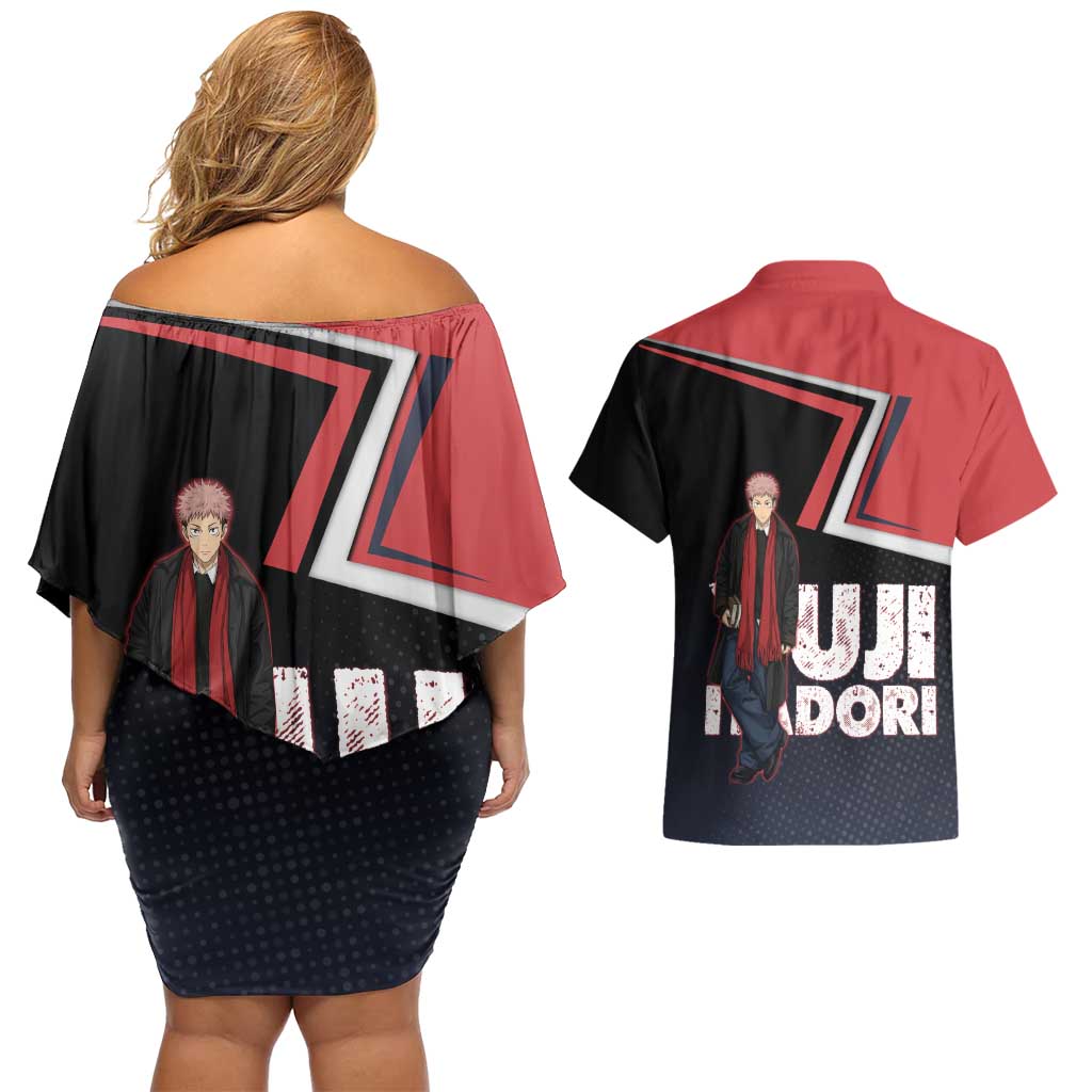 Yuji Itadori Couples Matching Off Shoulder Short Dress and Hawaiian Shirt Casual Anime Hero Style