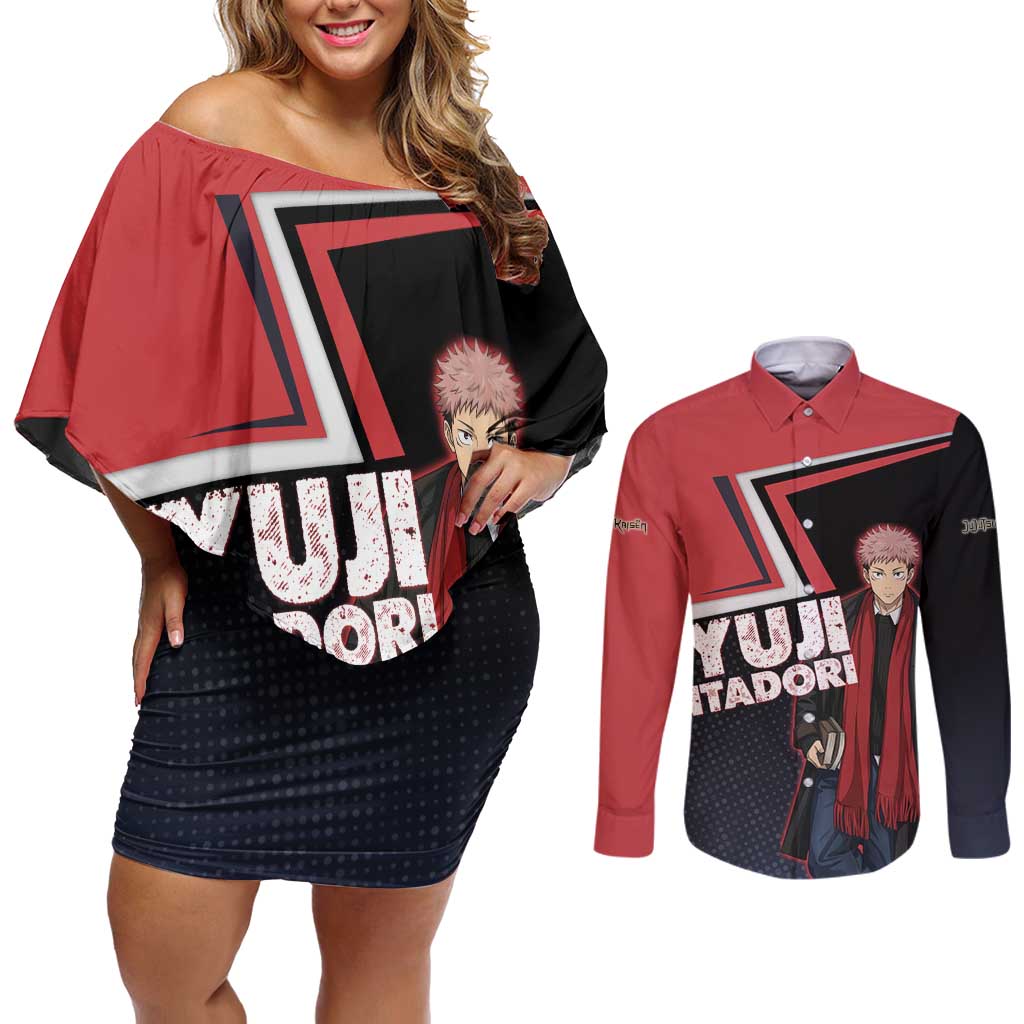 Yuji Itadori Couples Matching Off Shoulder Short Dress and Long Sleeve Button Shirt Casual Anime Hero Style