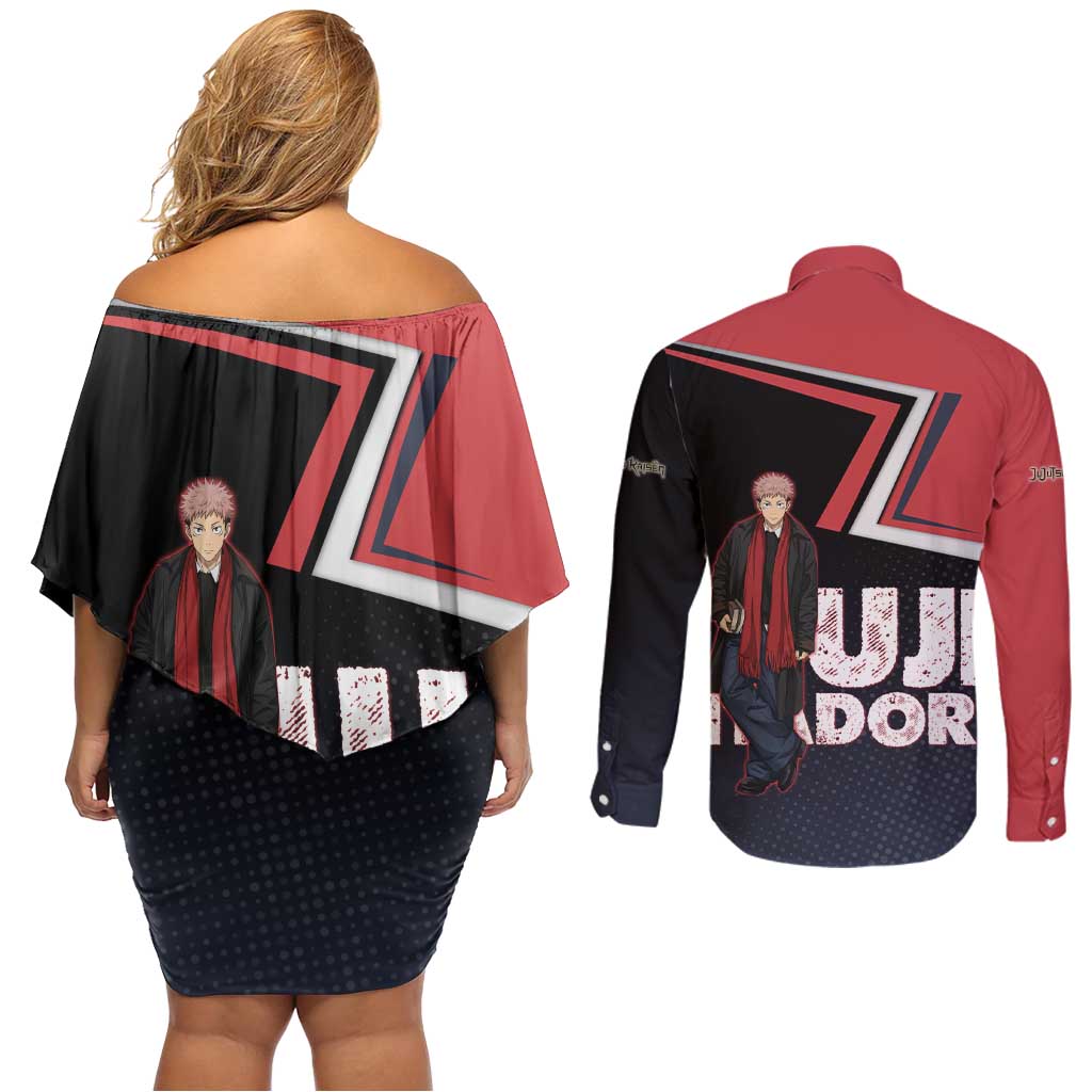 Yuji Itadori Couples Matching Off Shoulder Short Dress and Long Sleeve Button Shirt Casual Anime Hero Style