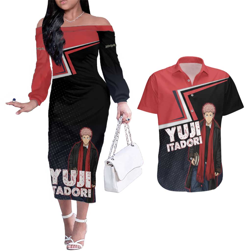 Yuji Itadori Couples Matching Off The Shoulder Long Sleeve Dress and Hawaiian Shirt Casual Anime Hero Style