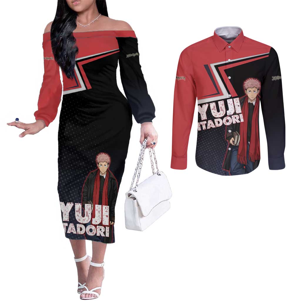 Yuji Itadori Couples Matching Off The Shoulder Long Sleeve Dress and Long Sleeve Button Shirt Casual Anime Hero Style