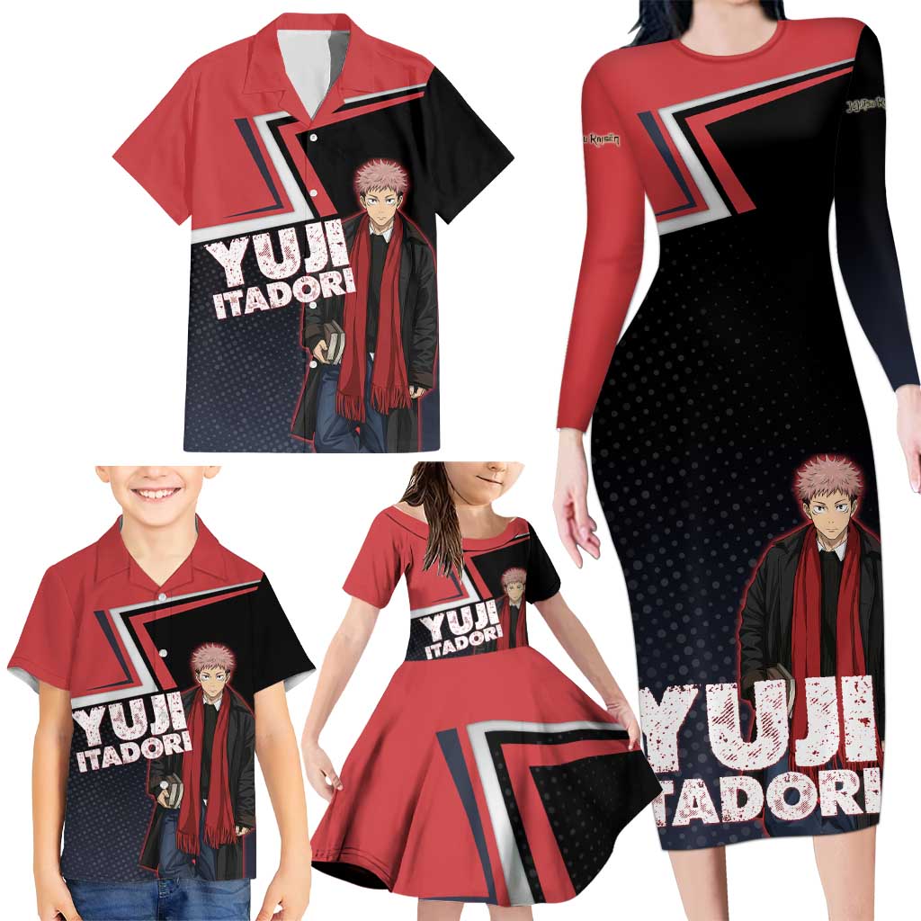 Yuji Itadori Family Matching Long Sleeve Bodycon Dress and Hawaiian Shirt Casual Anime Hero Style