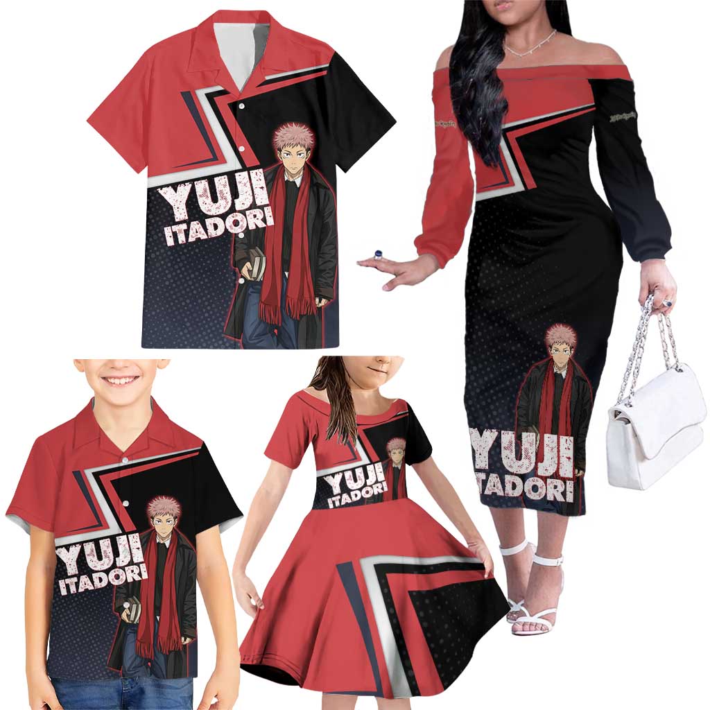 Yuji Itadori Family Matching Off The Shoulder Long Sleeve Dress and Hawaiian Shirt Casual Anime Hero Style