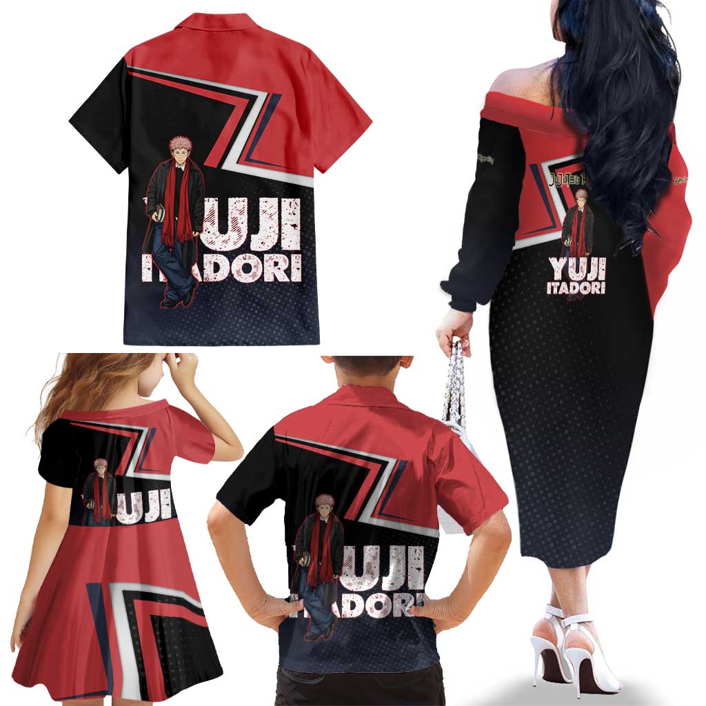 Yuji Itadori Family Matching Off The Shoulder Long Sleeve Dress and Hawaiian Shirt Casual Anime Hero Style