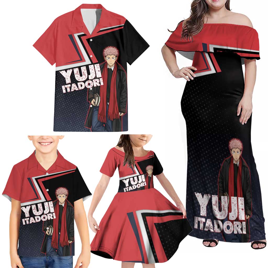 Yuji Itadori Family Matching Off Shoulder Maxi Dress and Hawaiian Shirt Casual Anime Hero Style