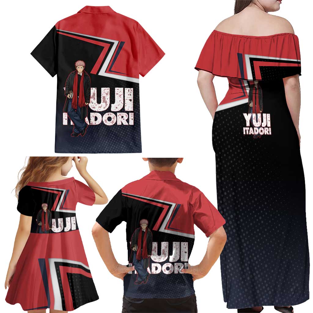 Yuji Itadori Family Matching Off Shoulder Maxi Dress and Hawaiian Shirt Casual Anime Hero Style