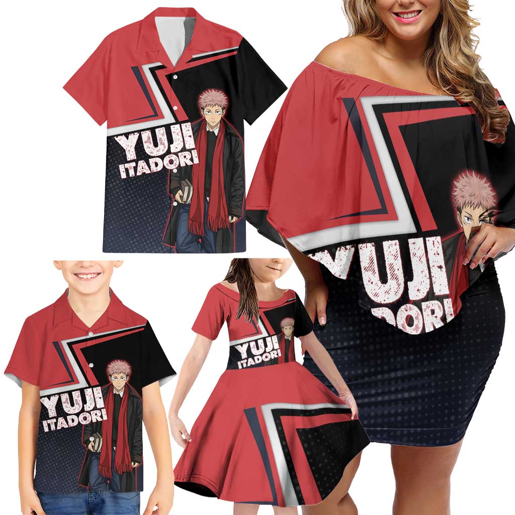 Yuji Itadori Family Matching Off Shoulder Short Dress and Hawaiian Shirt Casual Anime Hero Style