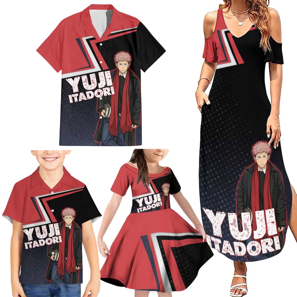 Yuji Itadori Family Matching Summer Maxi Dress and Hawaiian Shirt Casual Anime Hero Style