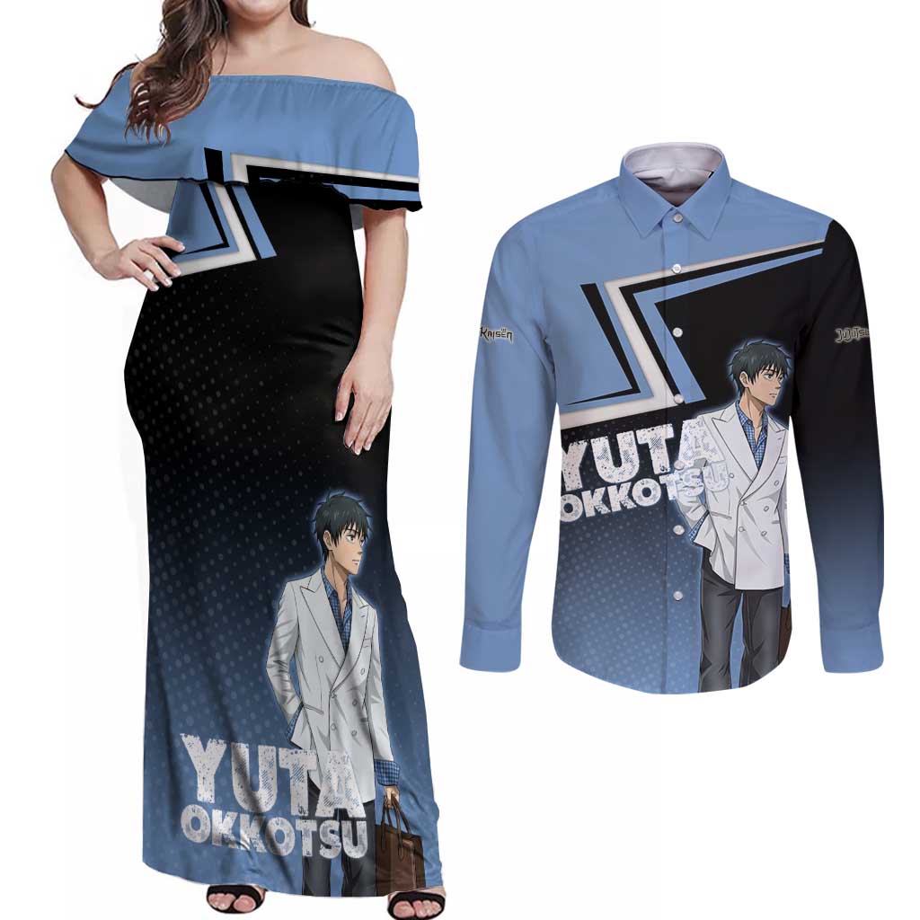 Yuta Okkotsu Couples Matching Off Shoulder Maxi Dress and Long Sleeve Button Shirt Jujutsu Kaisen Street Style Art