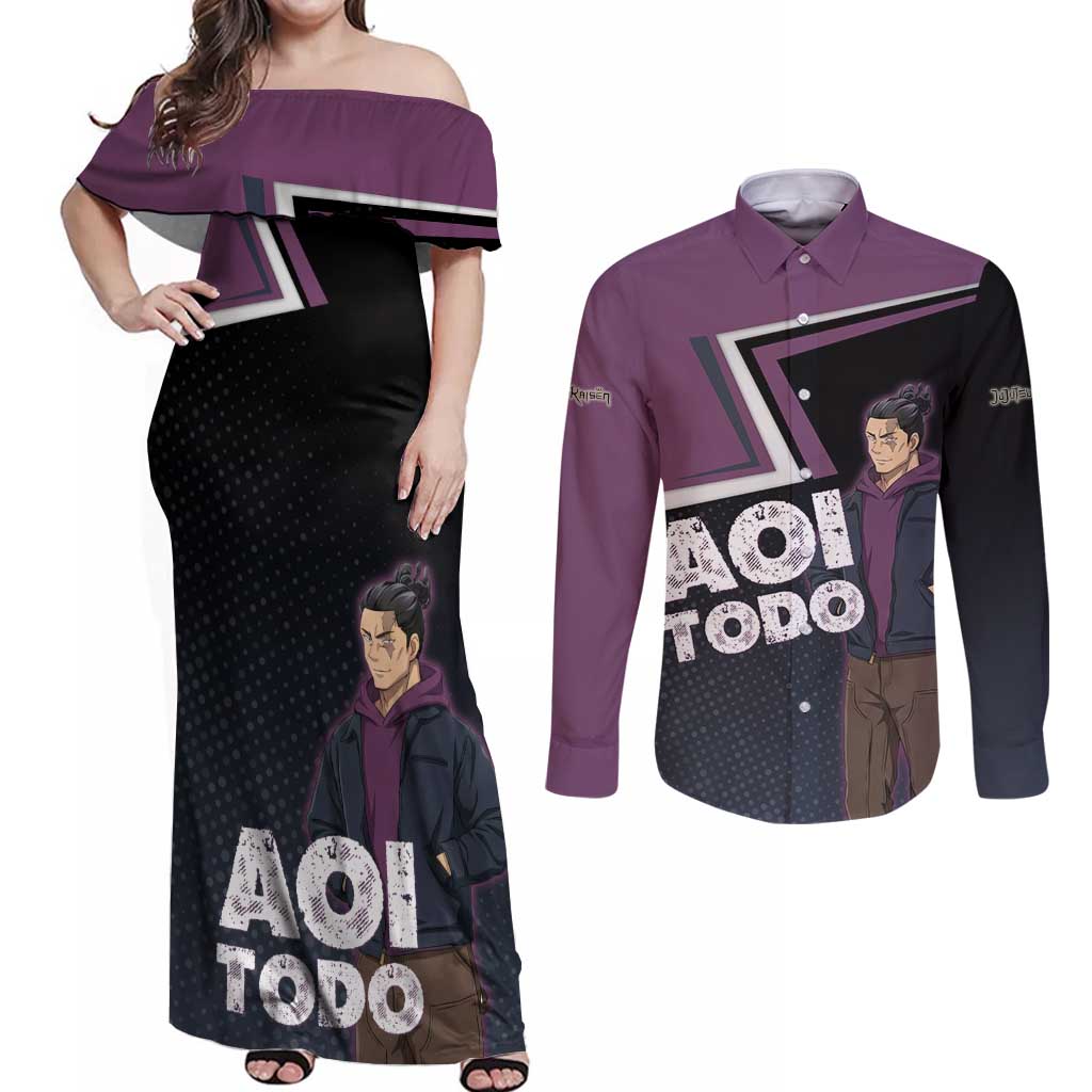 Aoi Todo Couples Matching Off Shoulder Maxi Dress and Long Sleeve Button Shirt Jujutsu Kaisen Casual Urban Look