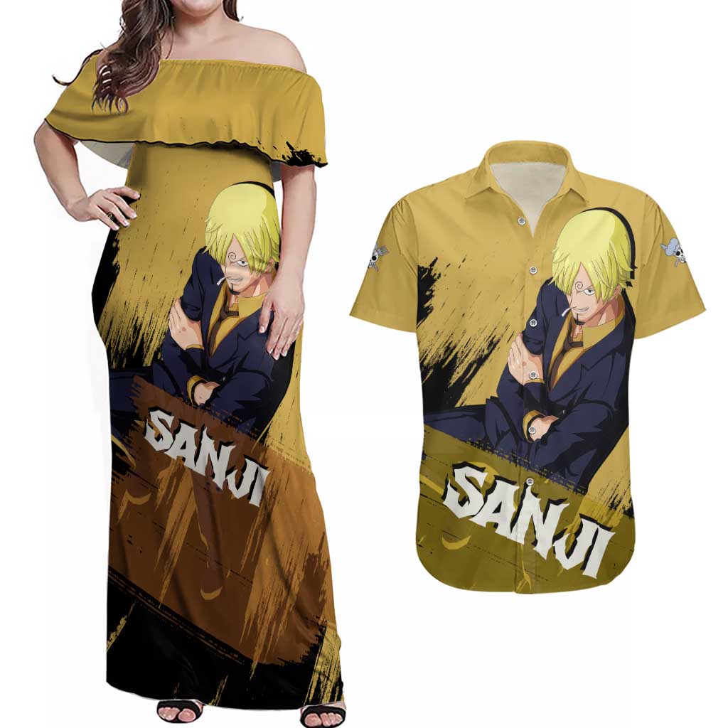 Vinsmoke Sanji - One Piece Couples Matching Off Shoulder Maxi Dress and Hawaiian Shirt Anime Style