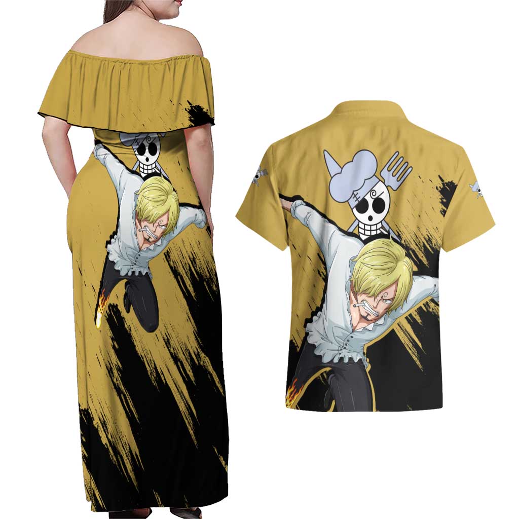 Vinsmoke Sanji - One Piece Couples Matching Off Shoulder Maxi Dress and Hawaiian Shirt Anime Style