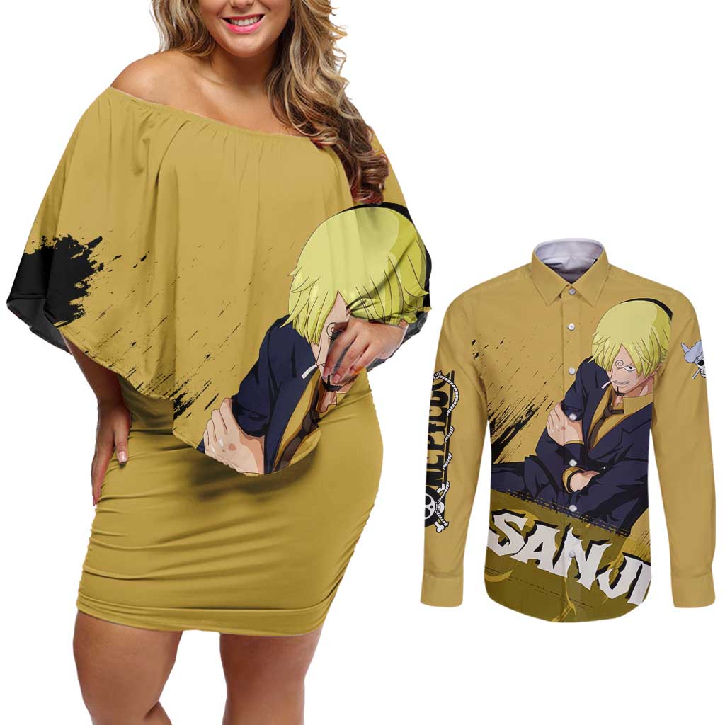 Vinsmoke Sanji - One Piece Couples Matching Off Shoulder Short Dress and Long Sleeve Button Shirt Anime Style