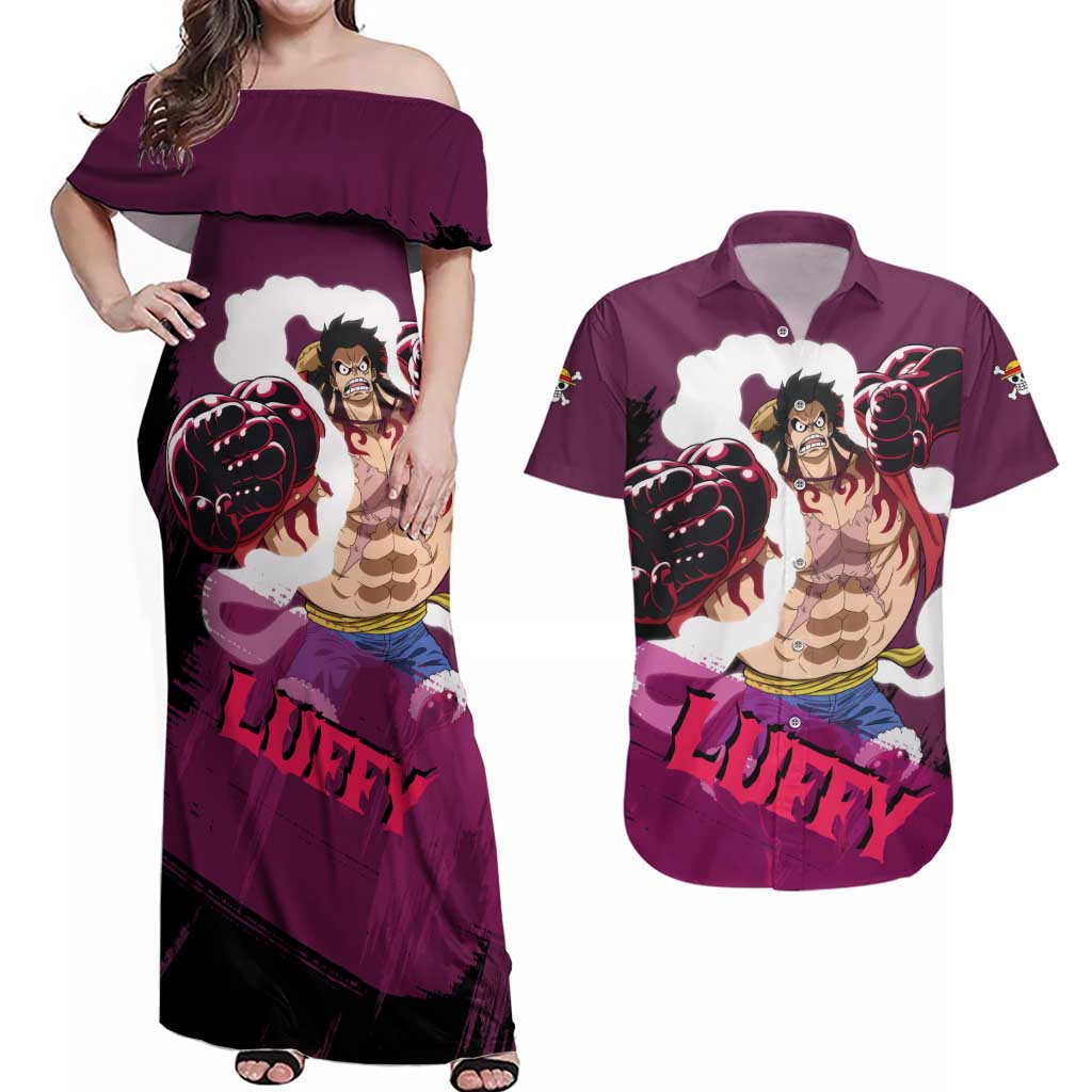 Luffy Gear 4 - One Piece Couples Matching Off Shoulder Maxi Dress and Hawaiian Shirt Anime Style
