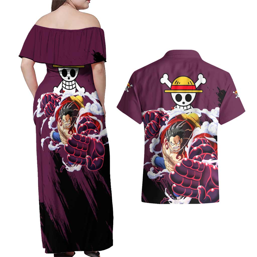 Luffy Gear 4 - One Piece Couples Matching Off Shoulder Maxi Dress and Hawaiian Shirt Anime Style
