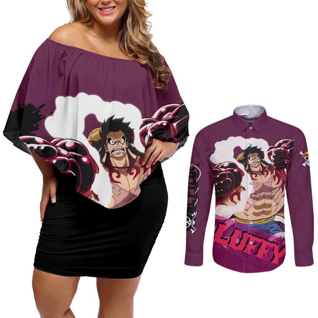 Luffy Gear 4 - One Piece Couples Matching Off Shoulder Short Dress and Long Sleeve Button Shirt Anime Style