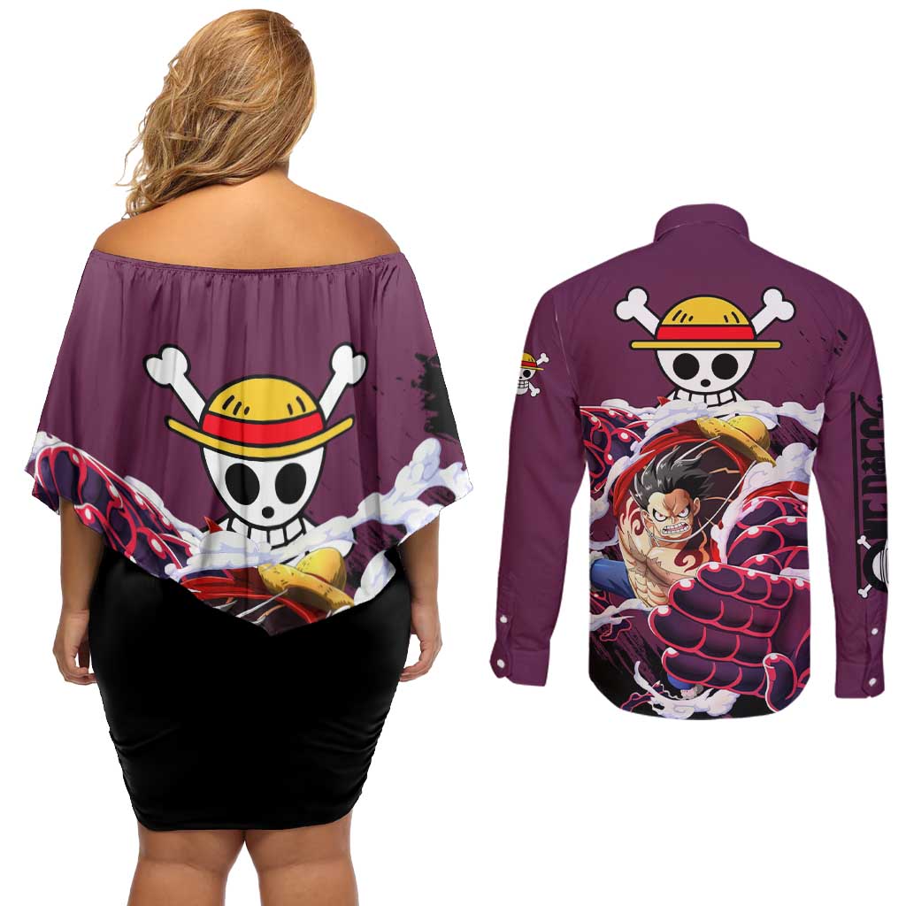 Luffy Gear 4 - One Piece Couples Matching Off Shoulder Short Dress and Long Sleeve Button Shirt Anime Style