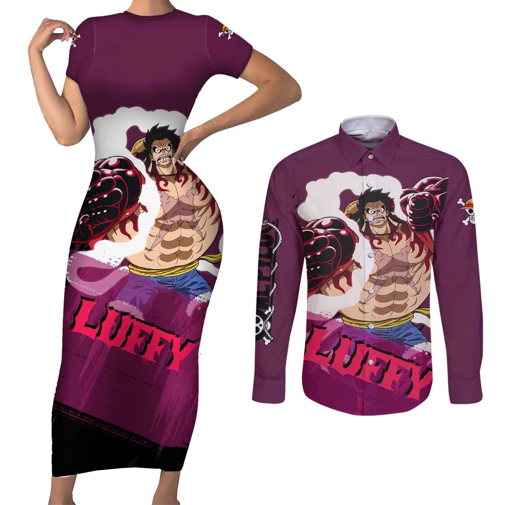 Luffy Gear 4 - One Piece Couples Matching Short Sleeve Bodycon Dress and Long Sleeve Button Shirt Anime Style