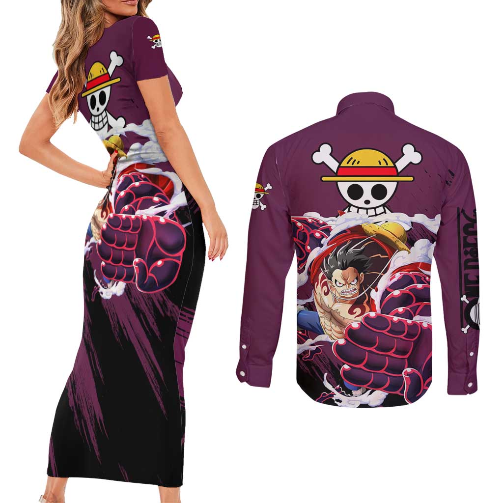 Luffy Gear 4 - One Piece Couples Matching Short Sleeve Bodycon Dress and Long Sleeve Button Shirt Anime Style