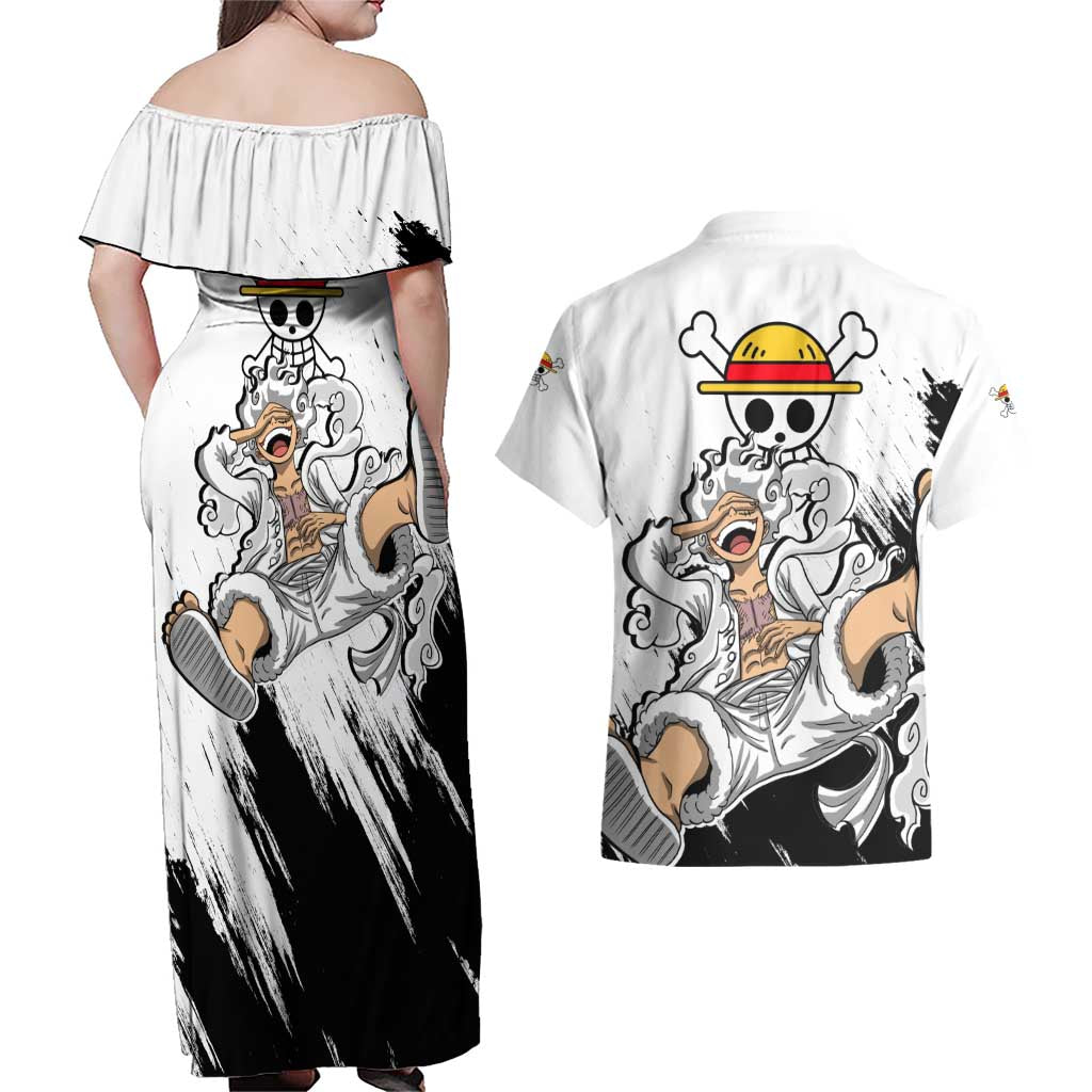Luffy Gear 5 - One Piece Couples Matching Off Shoulder Maxi Dress and Hawaiian Shirt Anime Style