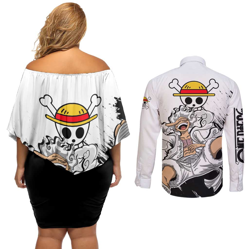 Luffy Gear 5 - One Piece Couples Matching Off Shoulder Short Dress and Long Sleeve Button Shirt Anime Style
