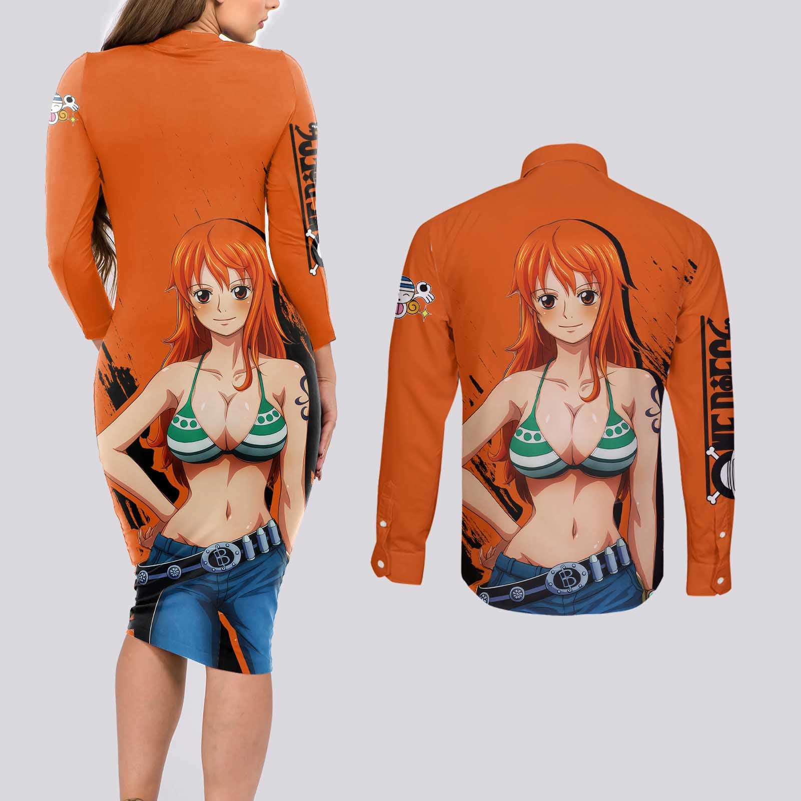 Nami - One Piece Couples Matching Long Sleeve Bodycon Dress and Long Sleeve Button Shirt Anime Style