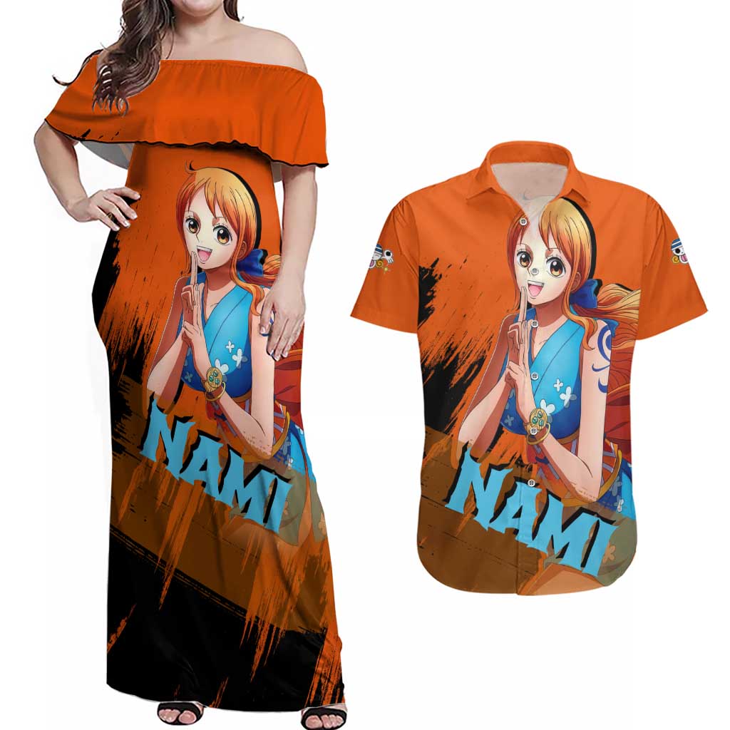 Nami - One Piece Couples Matching Off Shoulder Maxi Dress and Hawaiian Shirt Anime Style