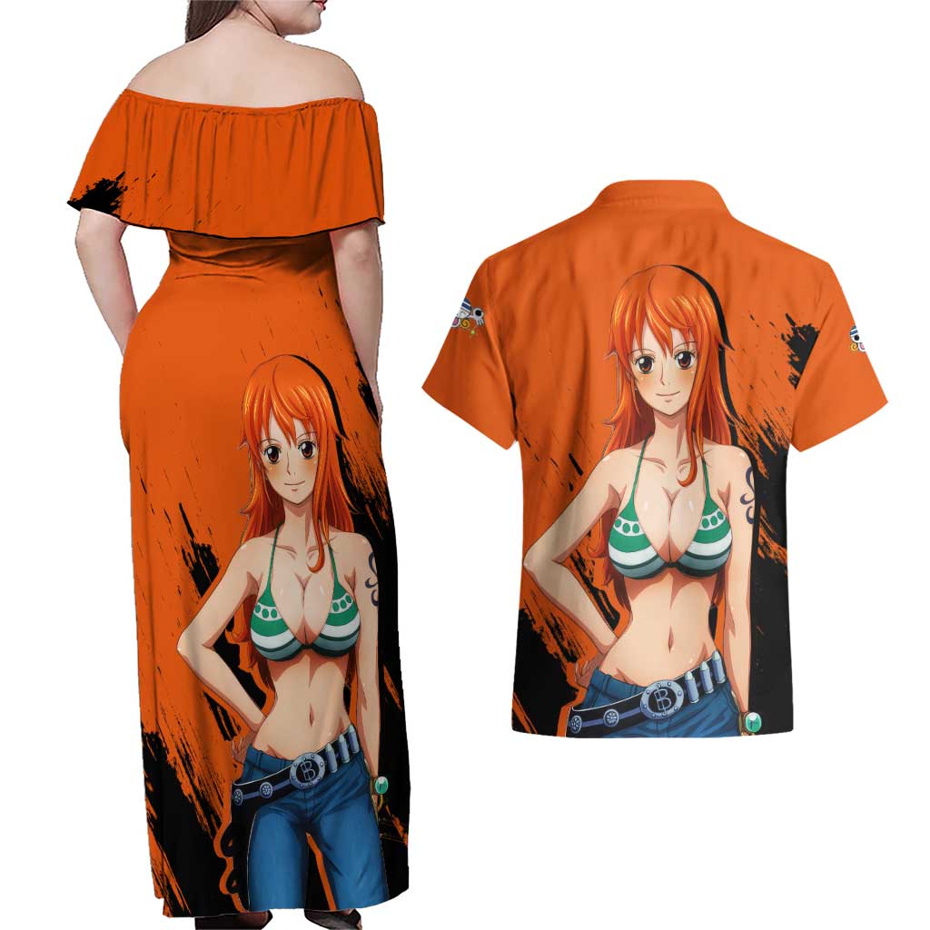 Nami - One Piece Couples Matching Off Shoulder Maxi Dress and Hawaiian Shirt Anime Style