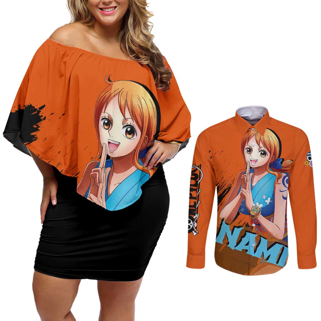 Nami - One Piece Couples Matching Off Shoulder Short Dress and Long Sleeve Button Shirt Anime Style