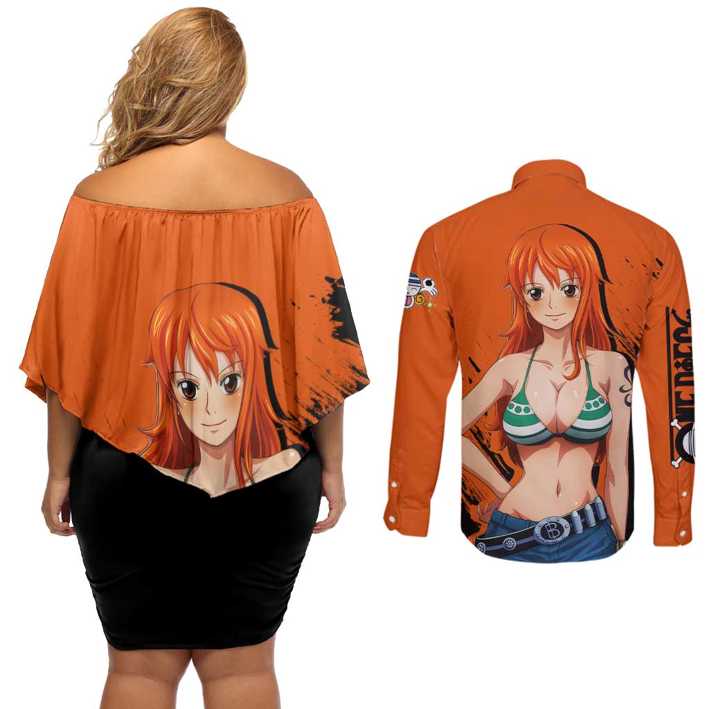 Nami - One Piece Couples Matching Off Shoulder Short Dress and Long Sleeve Button Shirt Anime Style