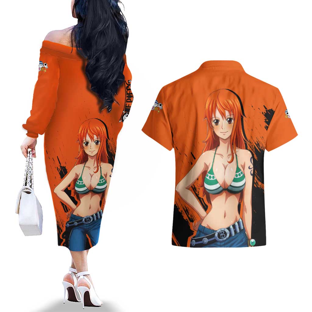 Nami - One Piece Couples Matching Off The Shoulder Long Sleeve Dress and Hawaiian Shirt Anime Style