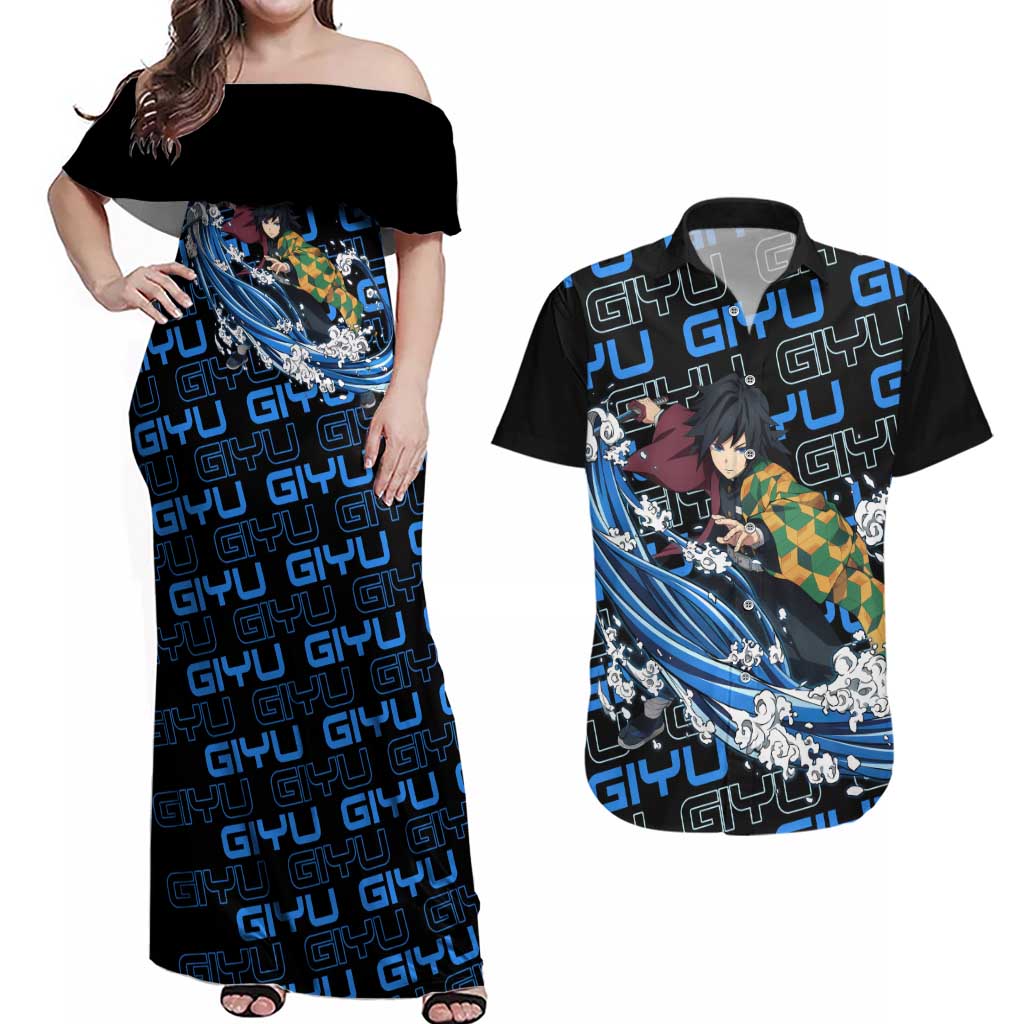 Tomioka Giyu - Demon Slayer Couples Matching Off Shoulder Maxi Dress and Hawaiian Shirt Anime Japan Style